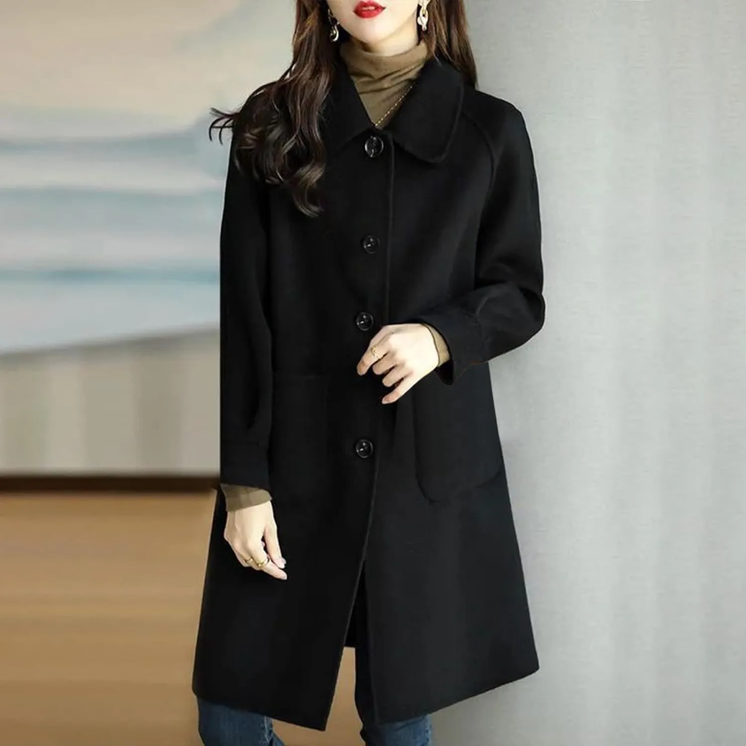 hlysgo Women's Single Breasted Wool Blend Trench Coat Fall Winter Long Overcoat Fashion Outerwear with Pockets