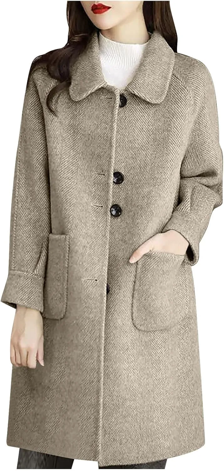 hlysgo Women's Single Breasted Wool Blend Trench Coat Fall Winter Long Overcoat Fashion Outerwear with Pockets
