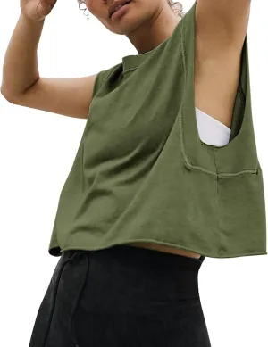 HUGOOME Women Workout Tank Tops Oversized Crop Sleeveless Tee Loose Fit Boxy Basic Yoga Active Summer T Shirts Gym 2025