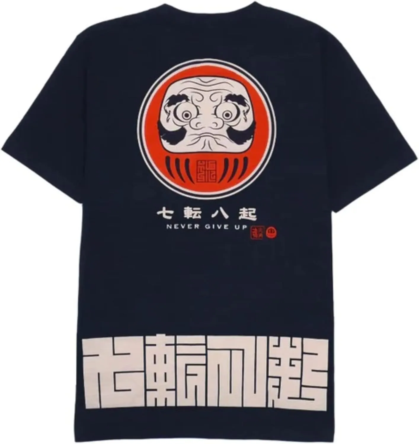 Japanese Design T-Shirts (Discharge Print Series/NANAKOROBIYAOKI DARUMA - Navy XL) 100% Cotton/Streetwear Oversized Unisex Graphic Tee T Shirt Men Women