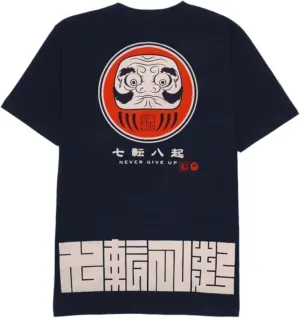 Japanese Design T-Shirts (Discharge Print Series/NANAKOROBIYAOKI DARUMA - Navy XL) 100% Cotton/Streetwear Oversized Unisex Graphic Tee T Shirt Men Women