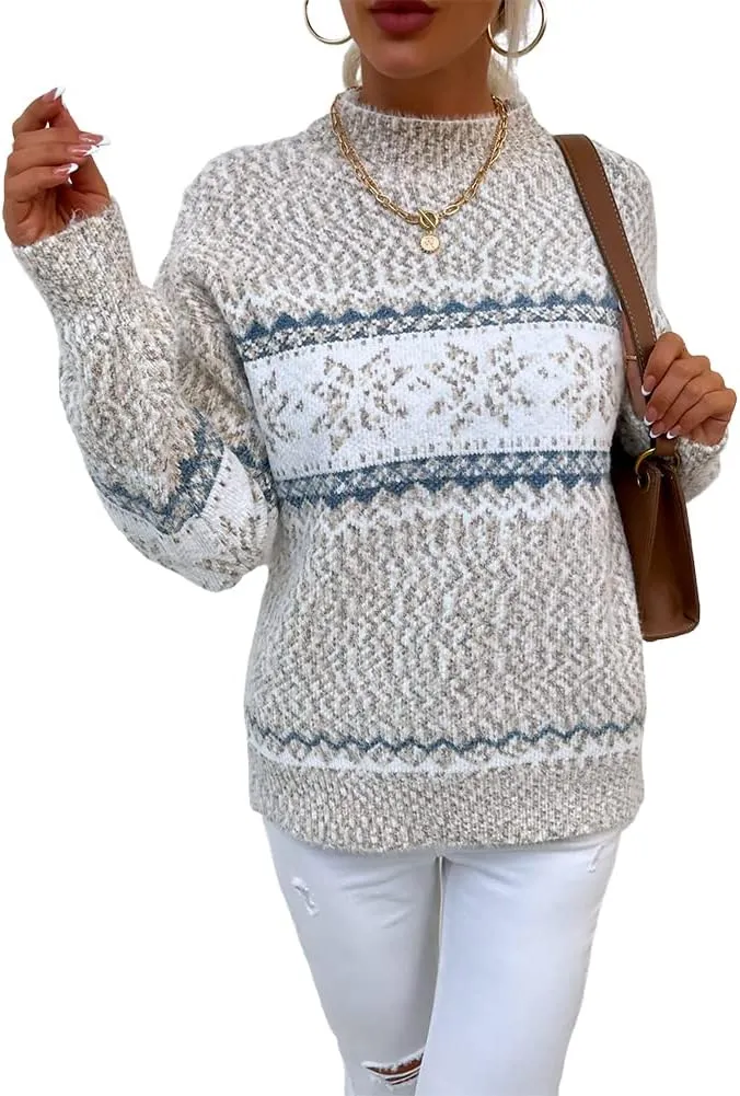 JUNBOON Women’s Casual Leopard Print Knitted Pullover Sweaters Long Sleeve Crew Neck Jumper Tops