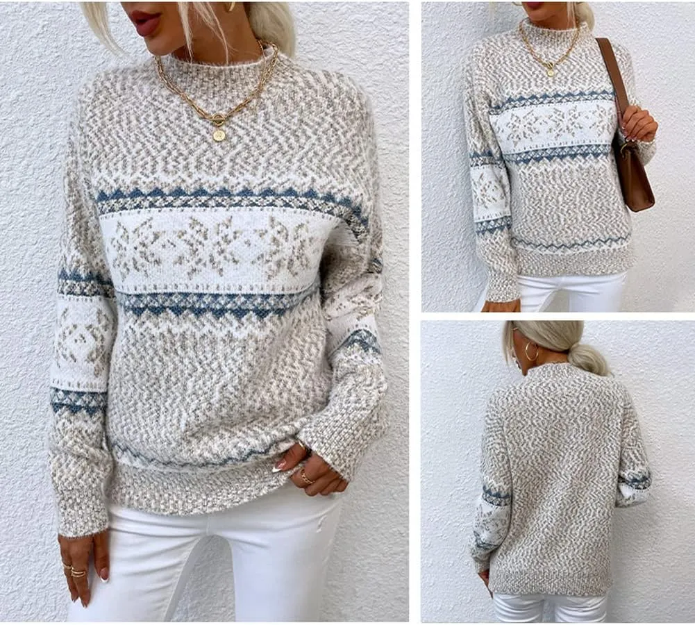 JUNBOON Women’s Casual Leopard Print Knitted Pullover Sweaters Long Sleeve Crew Neck Jumper Tops