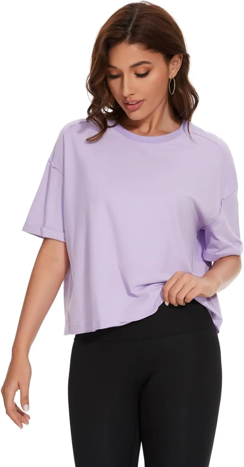 KAKALOT Women's Oversized Cropped Tops Short Sleeve Crewneck Workout Crop Tee Loose Fit Summer T-Shirts