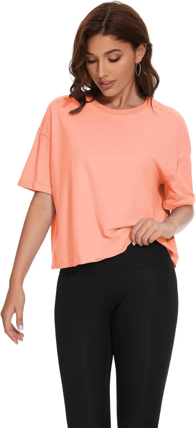 KAKALOT Women's Oversized Cropped Tops Short Sleeve Crewneck Workout Crop Tee Loose Fit Summer T-Shirts