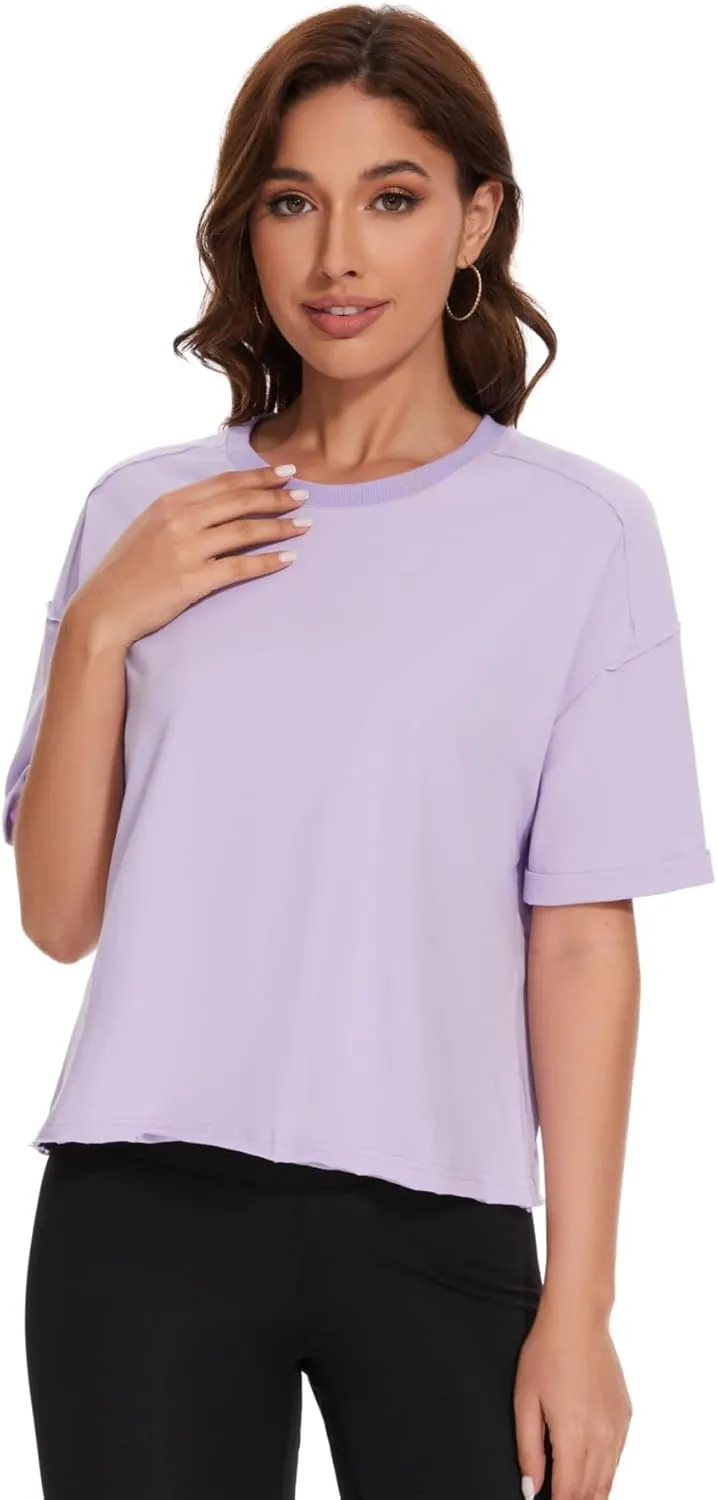 KAKALOT Women's Oversized Cropped Tops Short Sleeve Crewneck Workout Crop Tee Loose Fit Summer T-Shirts