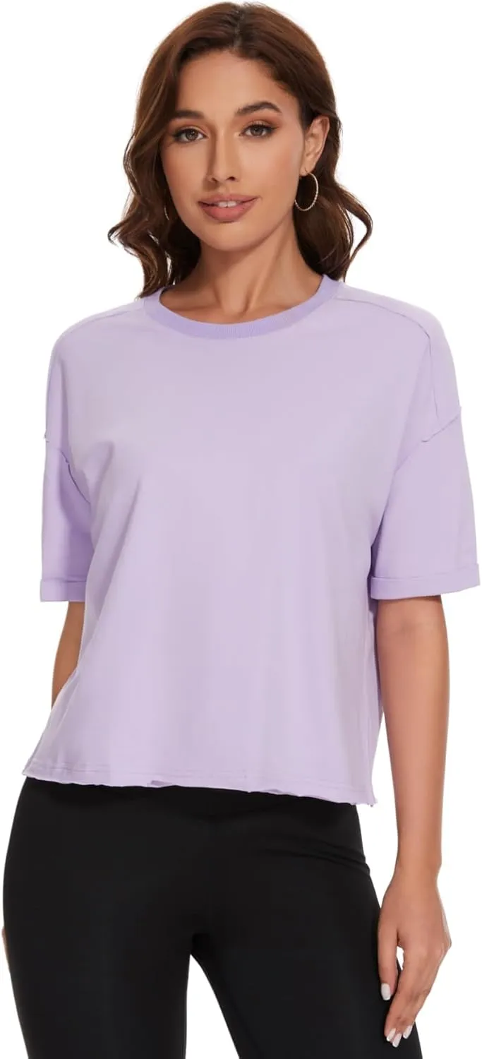 KAKALOT Women's Oversized Cropped Tops Short Sleeve Crewneck Workout Crop Tee Loose Fit Summer T-Shirts