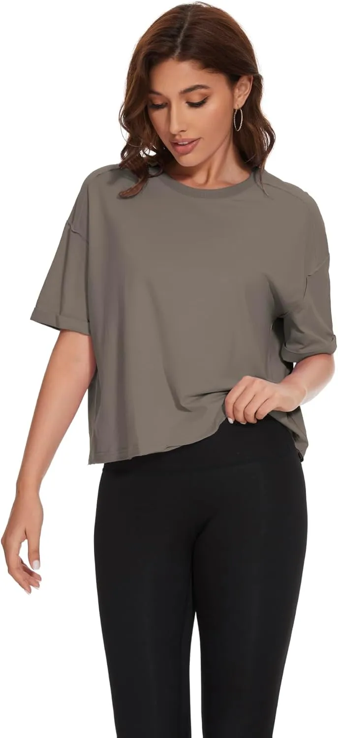KAKALOT Women's Oversized Cropped Tops Short Sleeve Crewneck Workout Crop Tee Loose Fit Summer T-Shirts