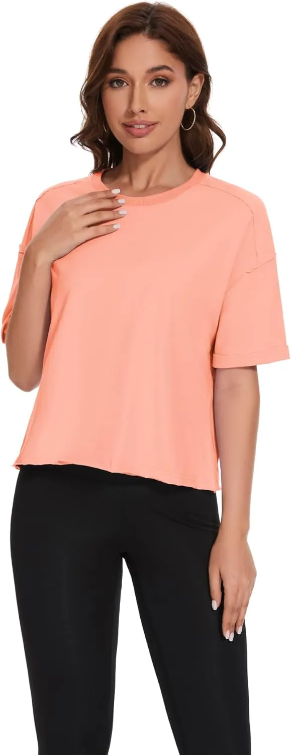 KAKALOT Women's Oversized Cropped Tops Short Sleeve Crewneck Workout Crop Tee Loose Fit Summer T-Shirts