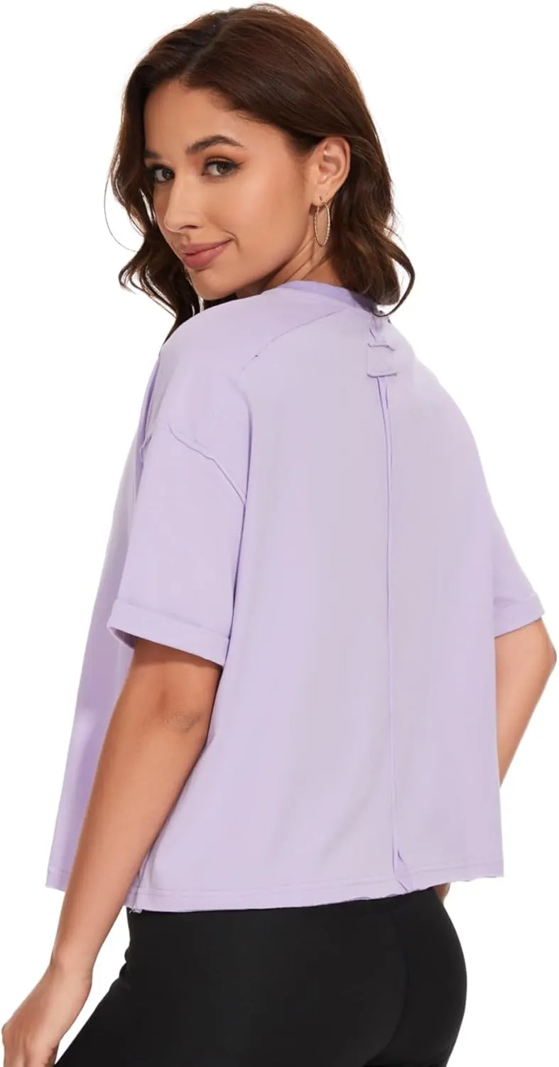 KAKALOT Women's Oversized Cropped Tops Short Sleeve Crewneck Workout Crop Tee Loose Fit Summer T-Shirts