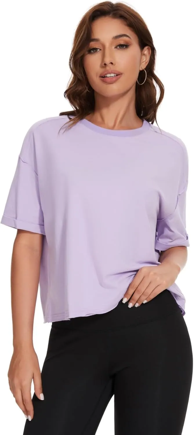 KAKALOT Women's Oversized Cropped Tops Short Sleeve Crewneck Workout Crop Tee Loose Fit Summer T-Shirts
