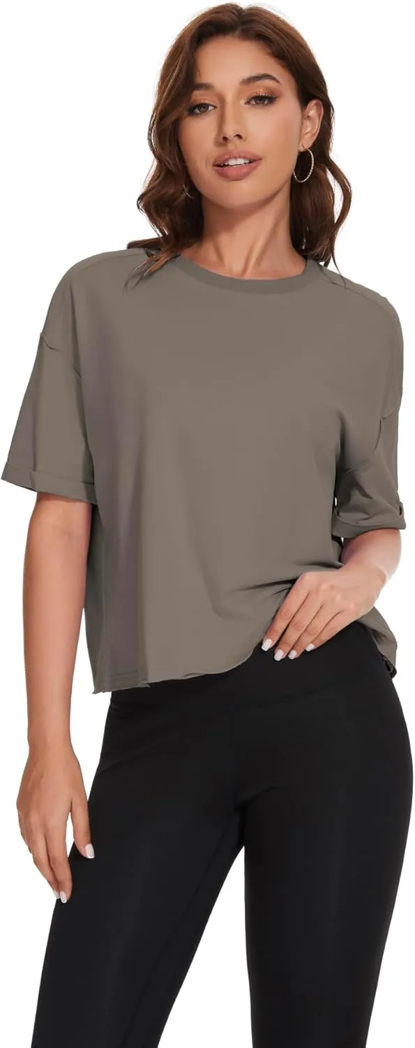KAKALOT Women's Oversized Cropped Tops Short Sleeve Crewneck Workout Crop Tee Loose Fit Summer T-Shirts