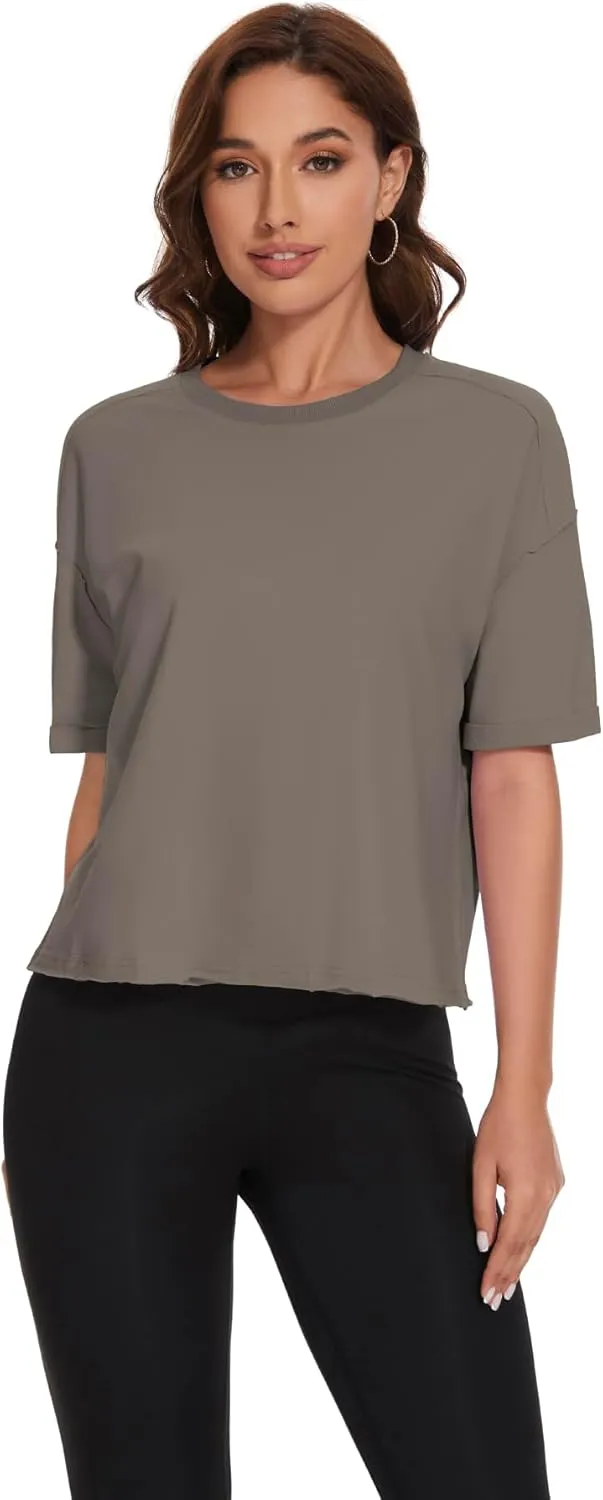 KAKALOT Women's Oversized Cropped Tops Short Sleeve Crewneck Workout Crop Tee Loose Fit Summer T-Shirts