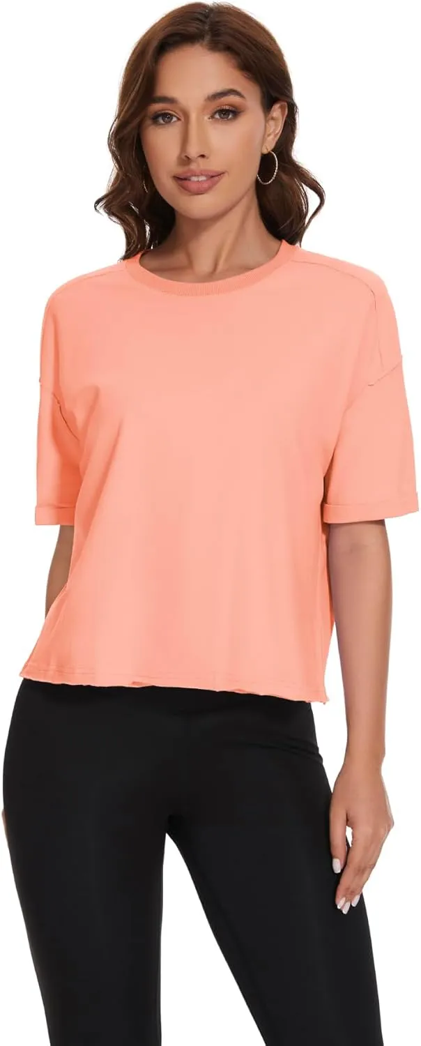 KAKALOT Women's Oversized Cropped Tops Short Sleeve Crewneck Workout Crop Tee Loose Fit Summer T-Shirts