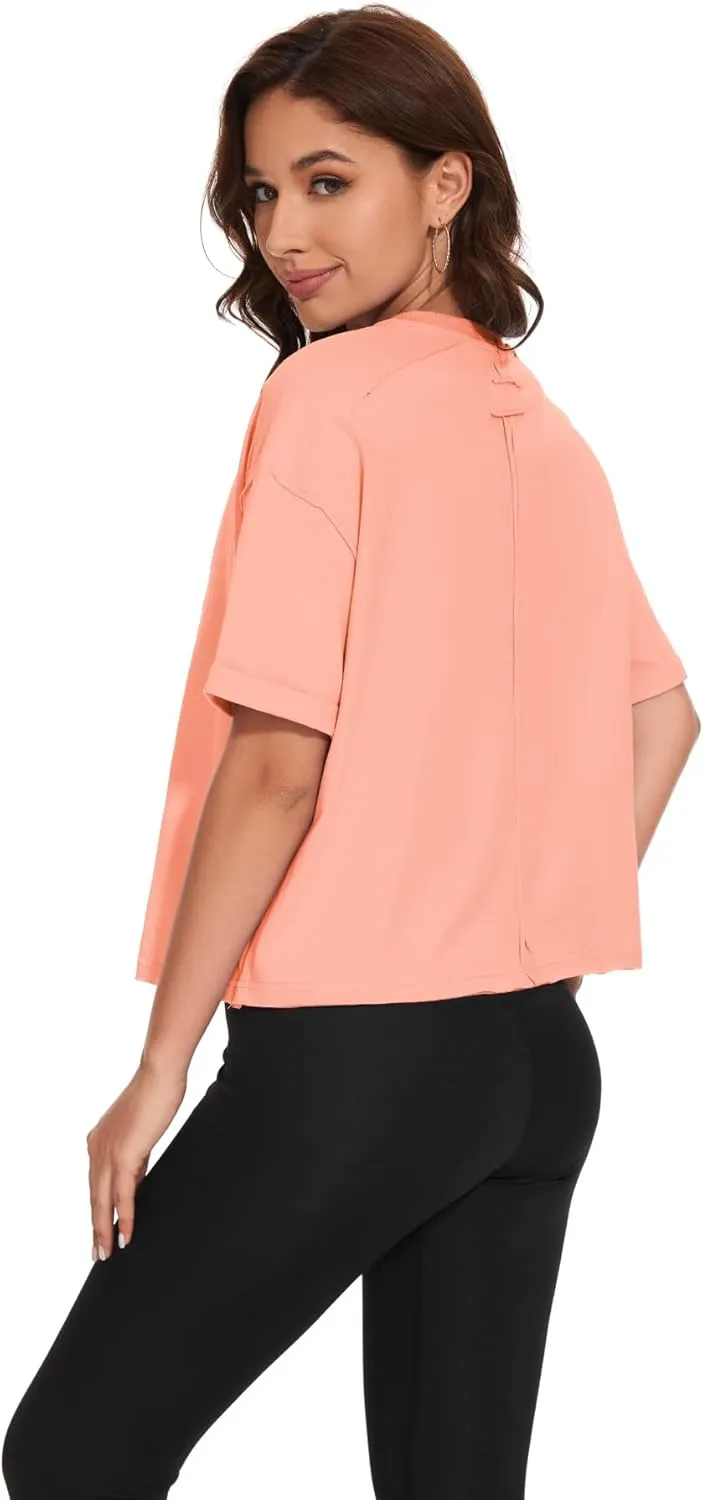 KAKALOT Women's Oversized Cropped Tops Short Sleeve Crewneck Workout Crop Tee Loose Fit Summer T-Shirts