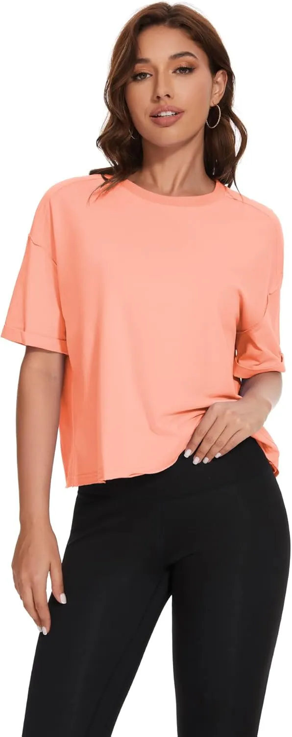 KAKALOT Women's Oversized Cropped Tops Short Sleeve Crewneck Workout Crop Tee Loose Fit Summer T-Shirts