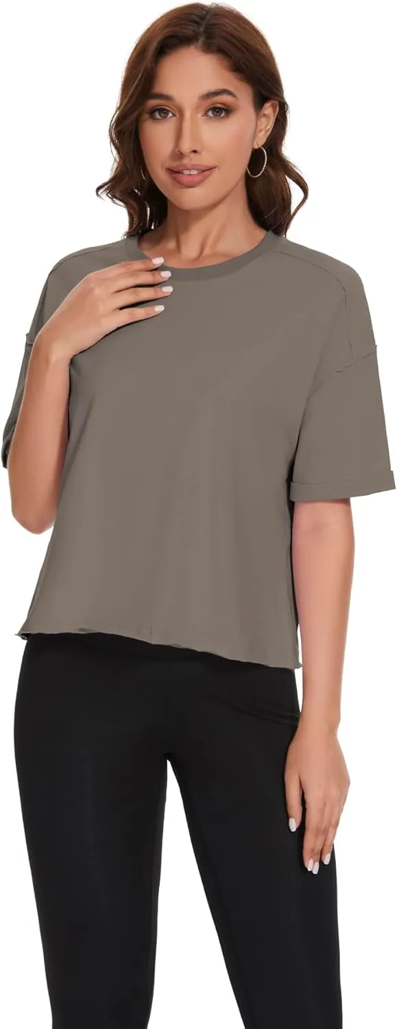 KAKALOT Women's Oversized Cropped Tops Short Sleeve Crewneck Workout Crop Tee Loose Fit Summer T-Shirts