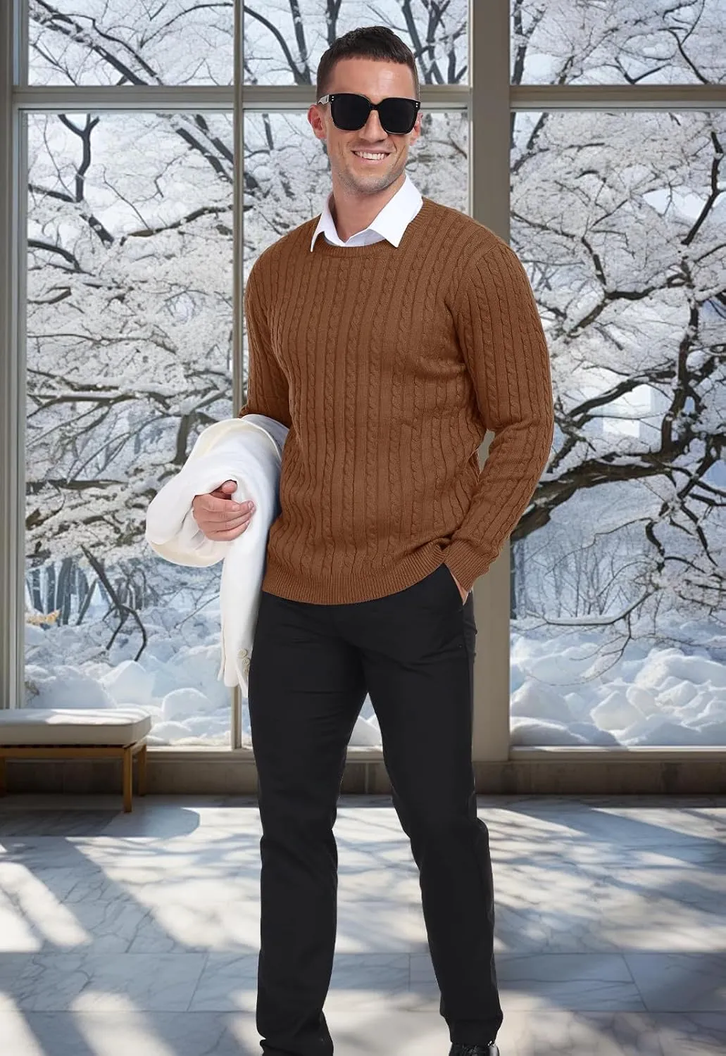 KUYIGO Men's Cable Knit Tight Sweaters Slim Fit Soft Pullover Twist Textured Long Sleeve Sweatshirt
