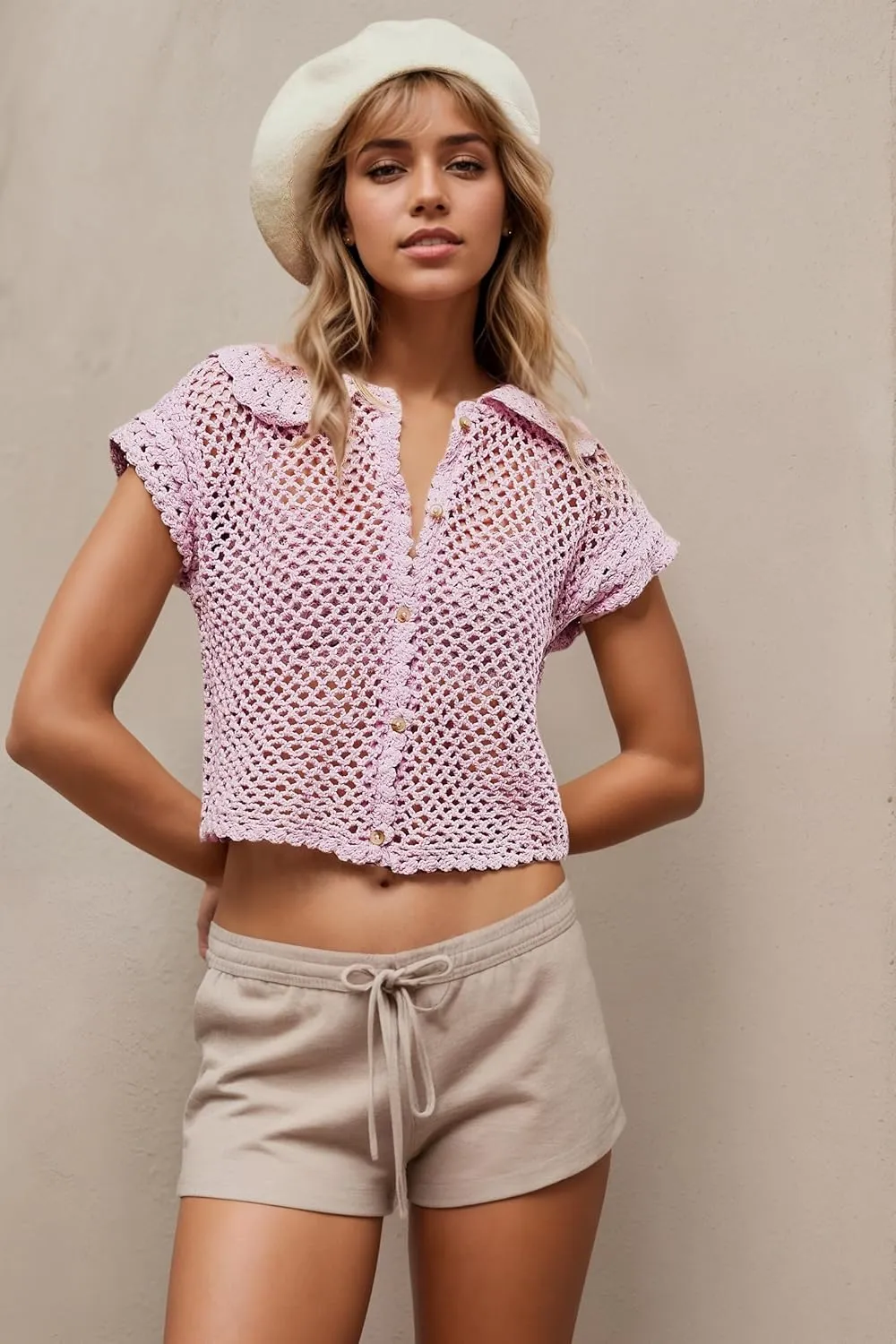 LifeShe Hollow Out Cropped Crochet Tops for Women Summer Short Sleeve Open Knit Sweaters Button Down Vest