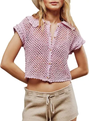 LifeShe Hollow Out Cropped Crochet Tops for Women Summer Short Sleeve Open Knit Sweaters Button Down Vest