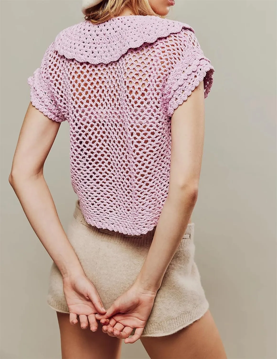 LifeShe Hollow Out Cropped Crochet Tops for Women Summer Short Sleeve Open Knit Sweaters Button Down Vest