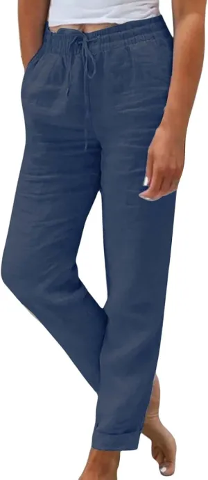 Linen Pants Women Drawstring Waist Elastic Cuffed Everyday Week Pants Lightweight Casual Summer Beach Yoga Trousers