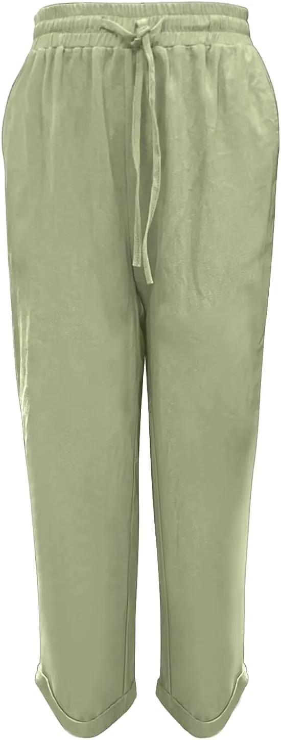 Linen Pants Women Drawstring Waist Elastic Cuffed Everyday Week Pants Lightweight Casual Summer Beach Yoga Trousers
