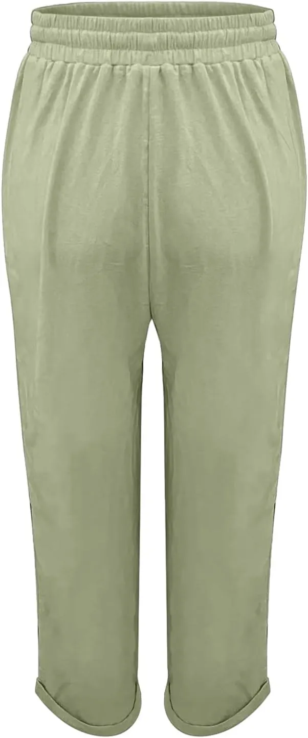 Linen Pants Women Drawstring Waist Elastic Cuffed Everyday Week Pants Lightweight Casual Summer Beach Yoga Trousers