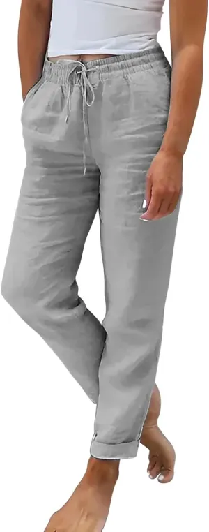 Linen Pants Women Drawstring Waist Elastic Cuffed Everyday Week Pants Lightweight Casual Summer Beach Yoga Trousers