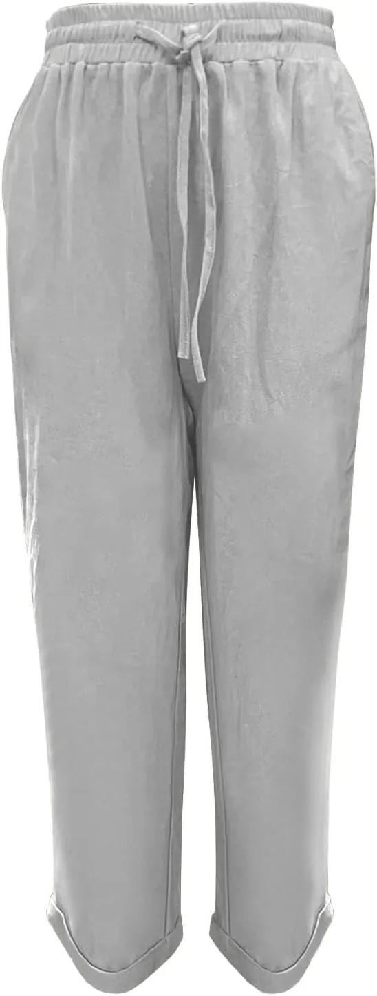 Linen Pants Women Drawstring Waist Elastic Cuffed Everyday Week Pants Lightweight Casual Summer Beach Yoga Trousers