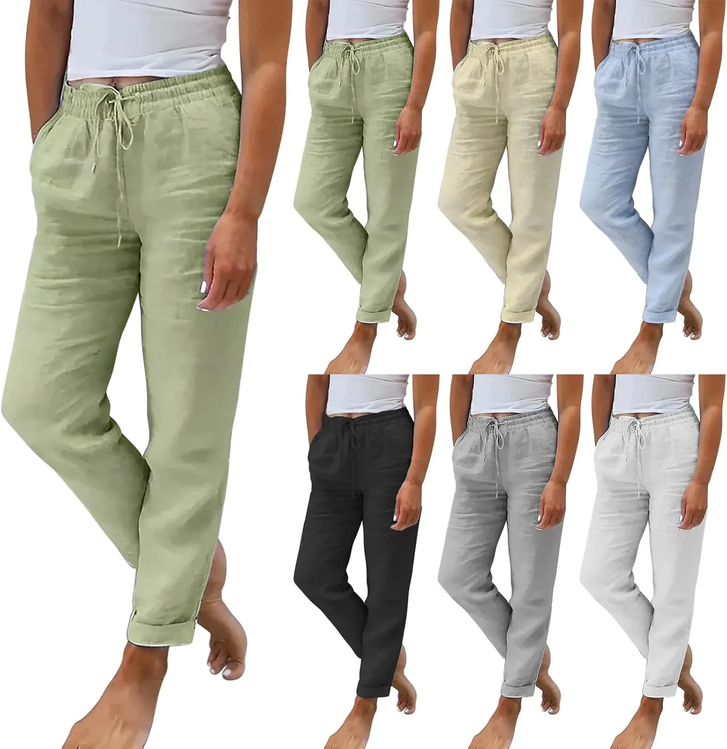 Linen Pants Women Drawstring Waist Elastic Cuffed Everyday Week Pants Lightweight Casual Summer Beach Yoga Trousers