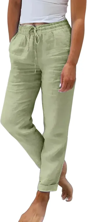 Linen Pants Women Drawstring Waist Elastic Cuffed Everyday Week Pants Lightweight Casual Summer Beach Yoga Trousers