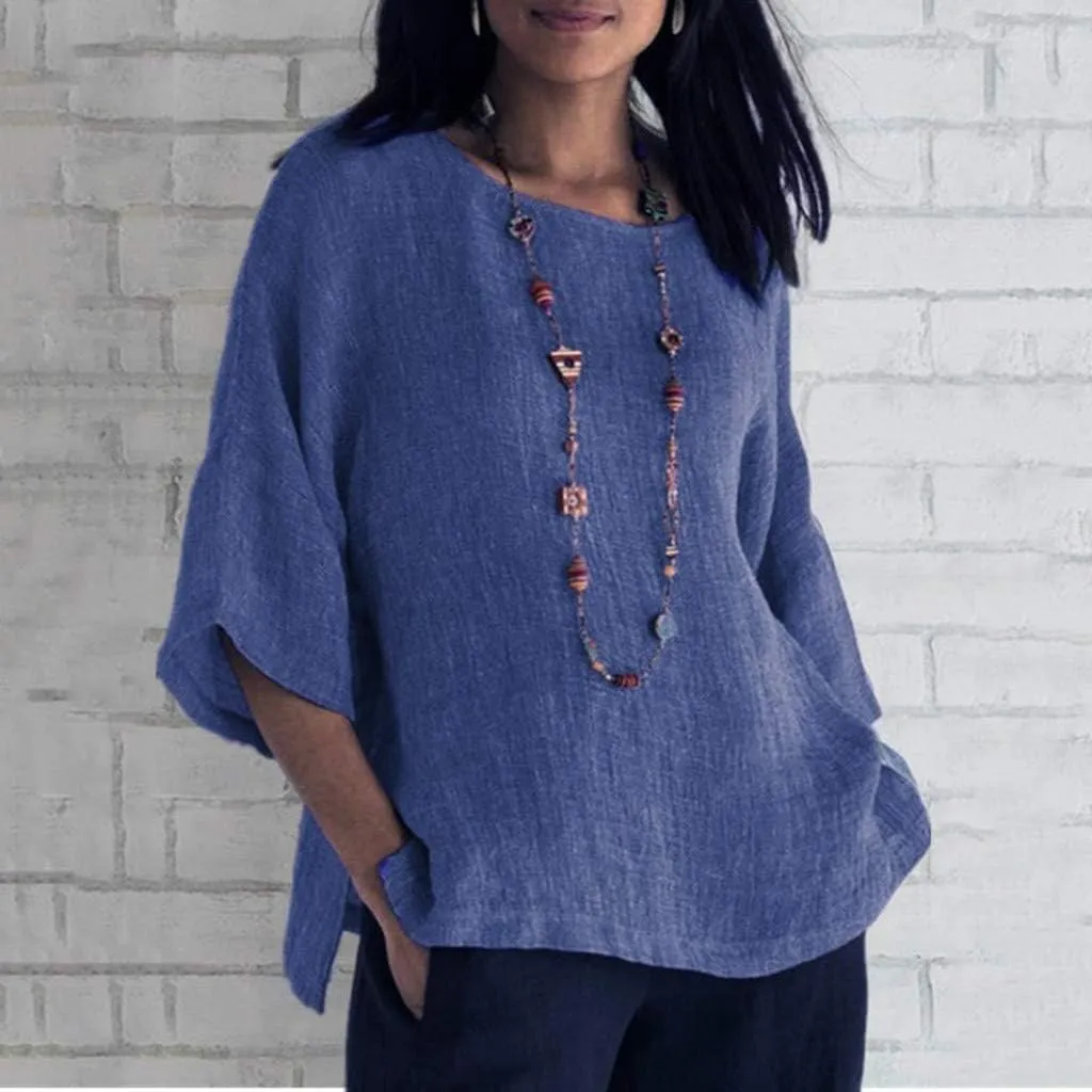 Linen Shirts for Women 3/4 Sleeve Crew Neck Casual Blouse 2024 Oversized Loose Shirt Plus Size Summer Vacation Tees