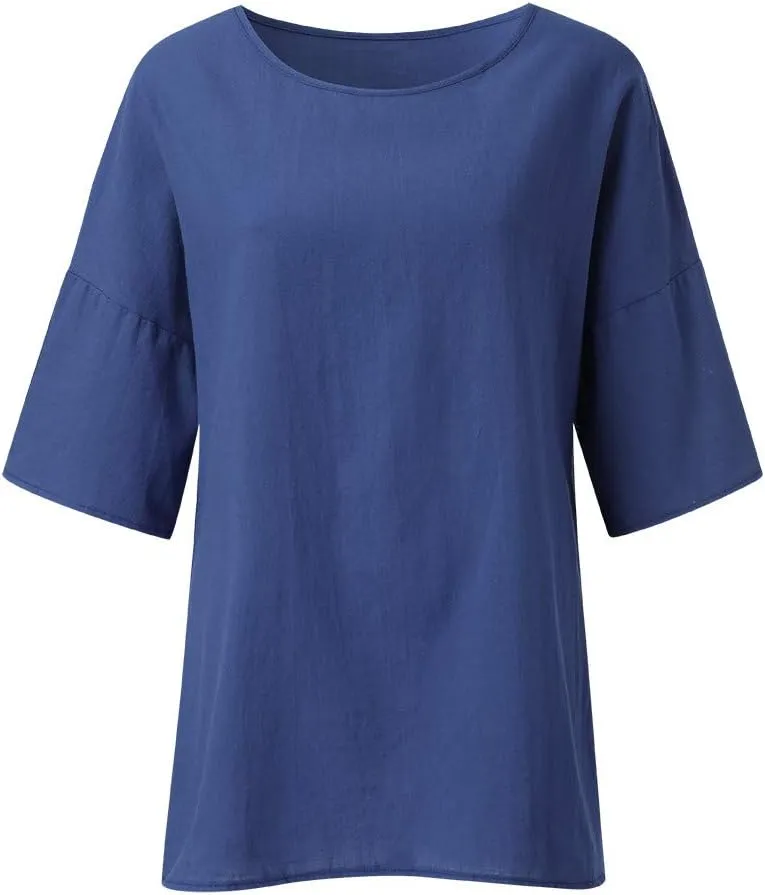Linen Shirts for Women 3/4 Sleeve Crew Neck Casual Blouse 2024 Oversized Loose Shirt Plus Size Summer Vacation Tees