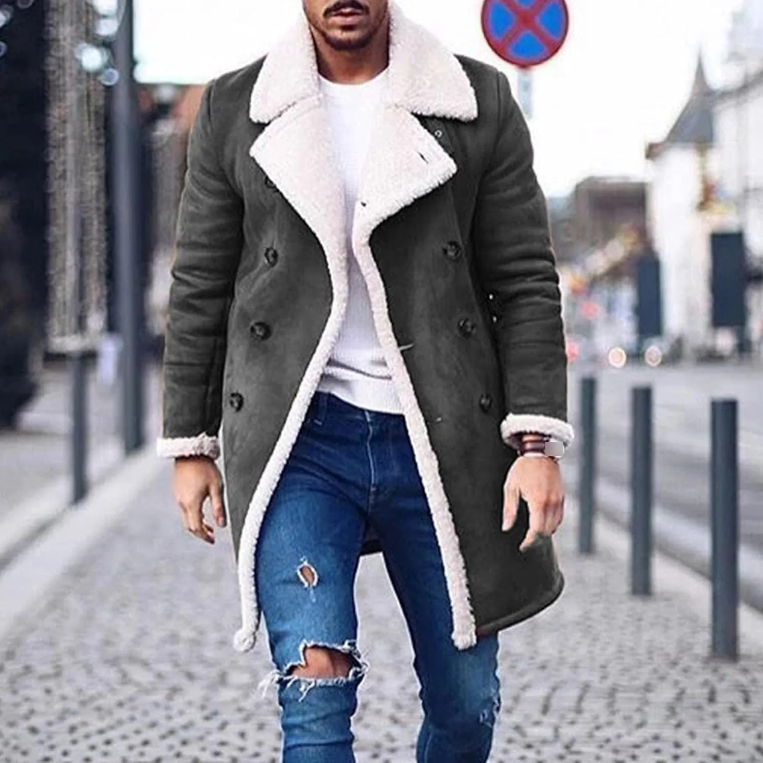 Maiyifu-GJ Mens Sherpa Lined PU Leather Coats Fur Collar Motorcycle Jackets Winter Windbreaker Trench Overcoat