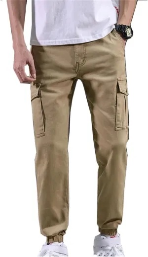 Male Cuffed Pants Men Slim Fit Man Joggers Cargo Pants Multi-Pockets Trousers Stretch