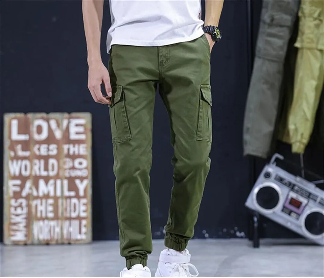 Male Cuffed Pants Men Slim Fit Man Joggers Cargo Pants Multi-Pockets Trousers Stretch