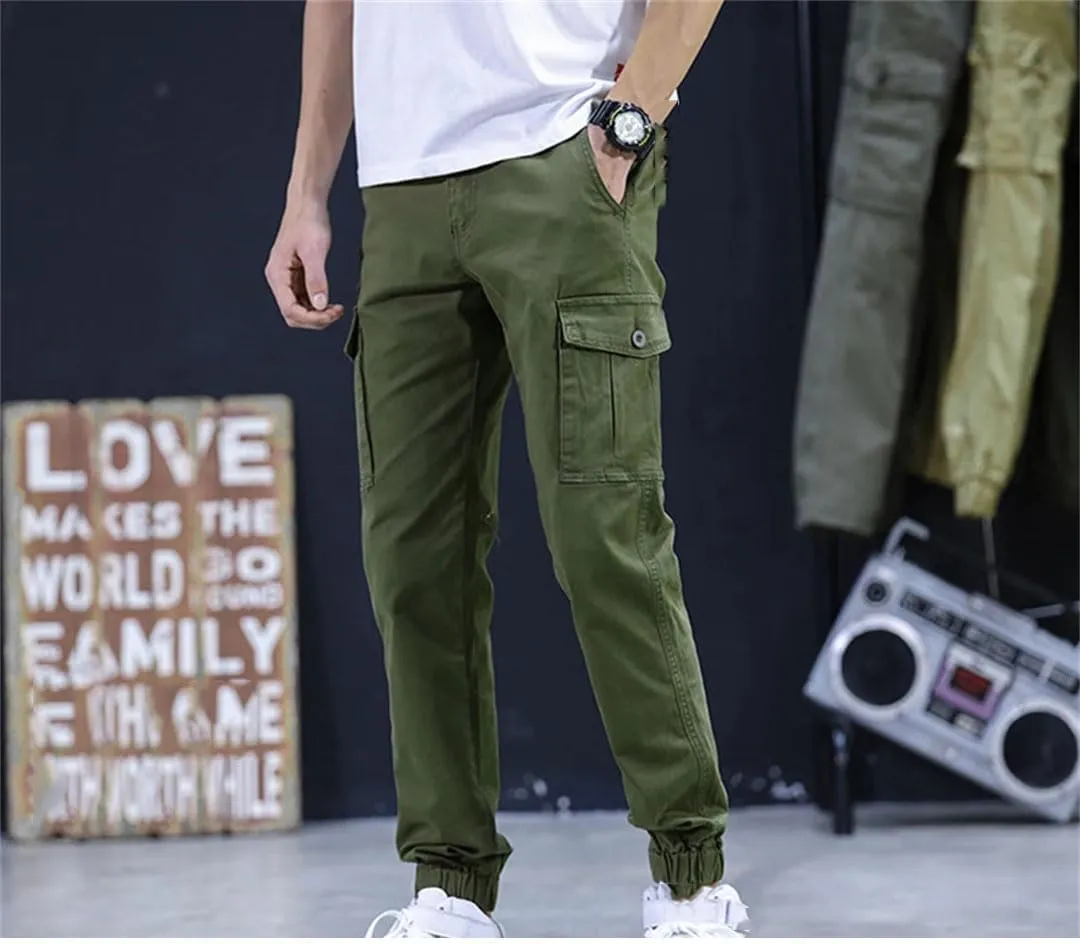 Male Cuffed Pants Men Slim Fit Man Joggers Cargo Pants Multi-Pockets Trousers Stretch