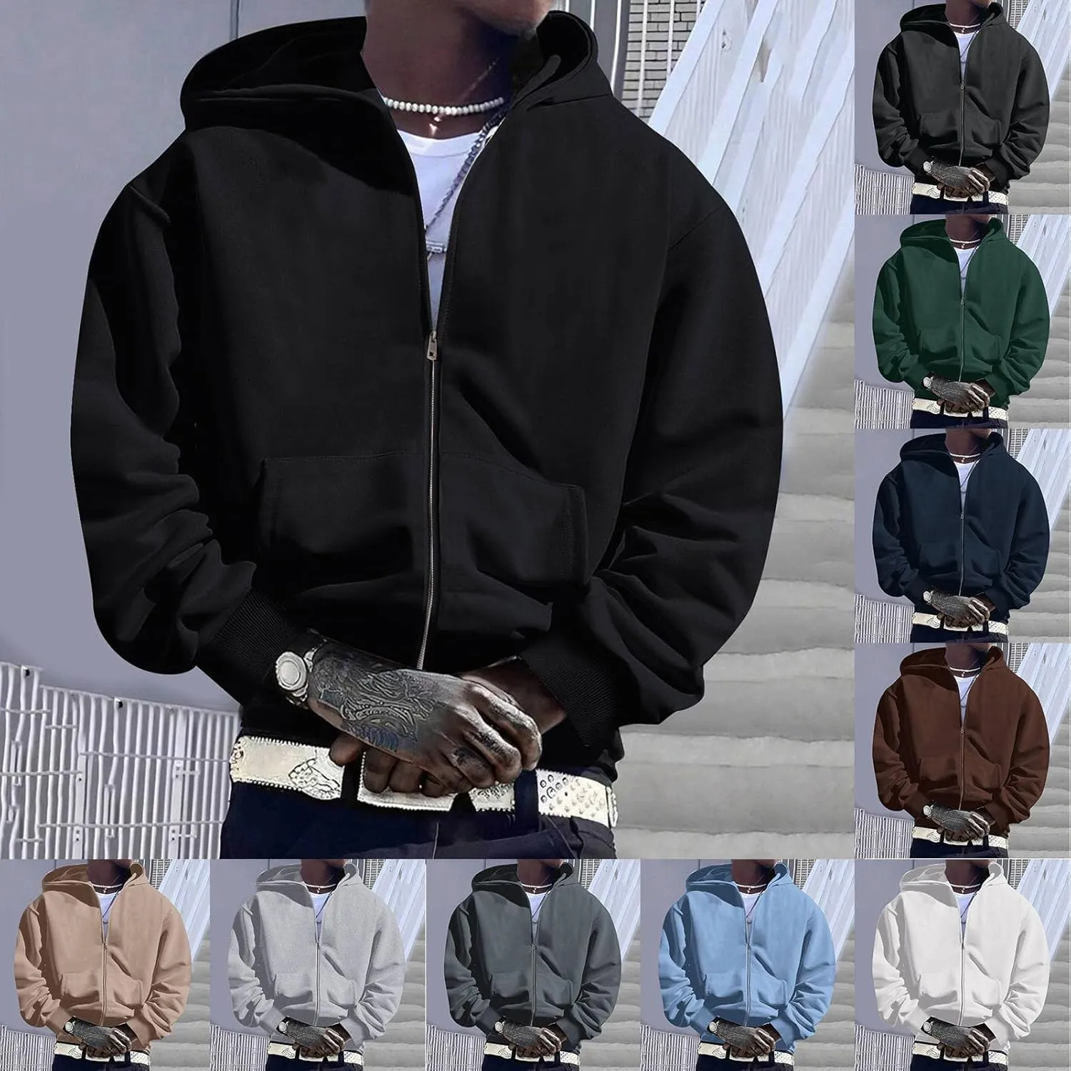 Men Hoodies Casual Winter Hoodies for Men Full Zip Cotton Hooded Fleece Loose Fit Sweatshirt Outdoor Running Sweater