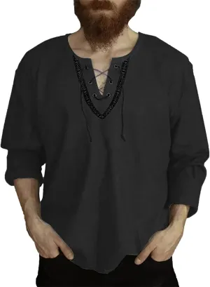 Men's Bohemian Shirt Solid Color Long Sleeve Vintage Cotton Linen Hippie Top Casual Button Down Office Work Relaxed Fit Tee