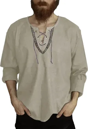 Men's Bohemian Shirt Solid Color Long Sleeve Vintage Cotton Linen Hippie Top Casual Button Down Office Work Relaxed Fit Tee