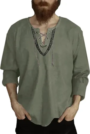 Men's Bohemian Shirt Solid Color Long Sleeve Vintage Cotton Linen Hippie Top Casual Button Down Office Work Relaxed Fit Tee
