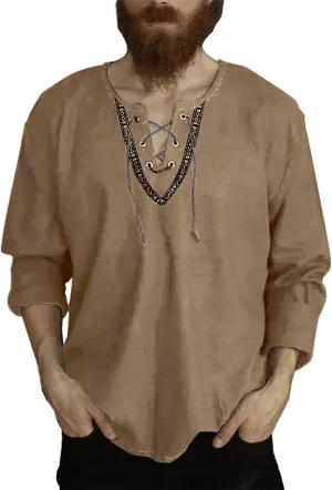 Men's Bohemian Shirt Solid Color Long Sleeve Vintage Cotton Linen Hippie Top Casual Button Down Office Work Relaxed Fit Tee