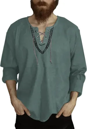 Men's Bohemian Shirt Solid Color Long Sleeve Vintage Cotton Linen Hippie Top Casual Button Down Office Work Relaxed Fit Tee