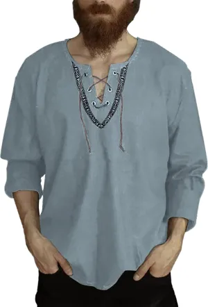 Men's Bohemian Shirt Solid Color Long Sleeve Vintage Cotton Linen Hippie Top Casual Button Down Office Work Relaxed Fit Tee
