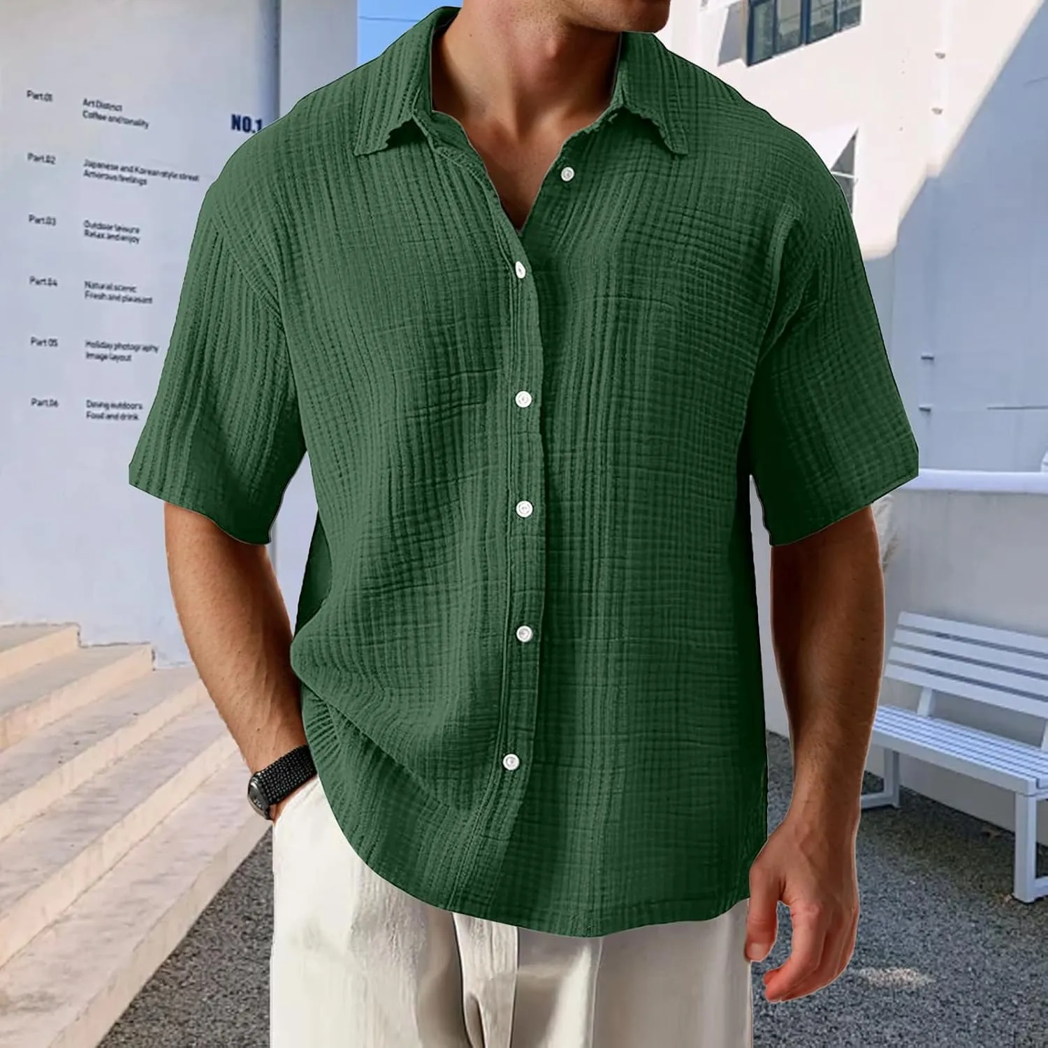 Men's Casual Button Down Shirts Loose Short Sleeve Textured Summer Beach Shirt Vacation Wedding Shirts Everyday Wear