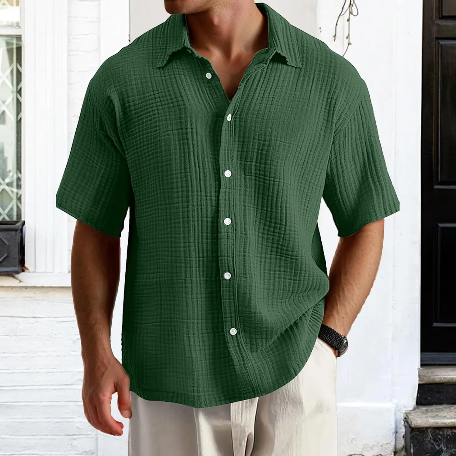 Men's Casual Button Down Shirts Loose Short Sleeve Textured Summer Beach Shirt Vacation Wedding Shirts Everyday Wear
