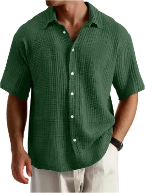 Men's Casual Button Down Shirts Loose Short Sleeve Textured Summer Beach Shirt Vacation Wedding Shirts Everyday Wear