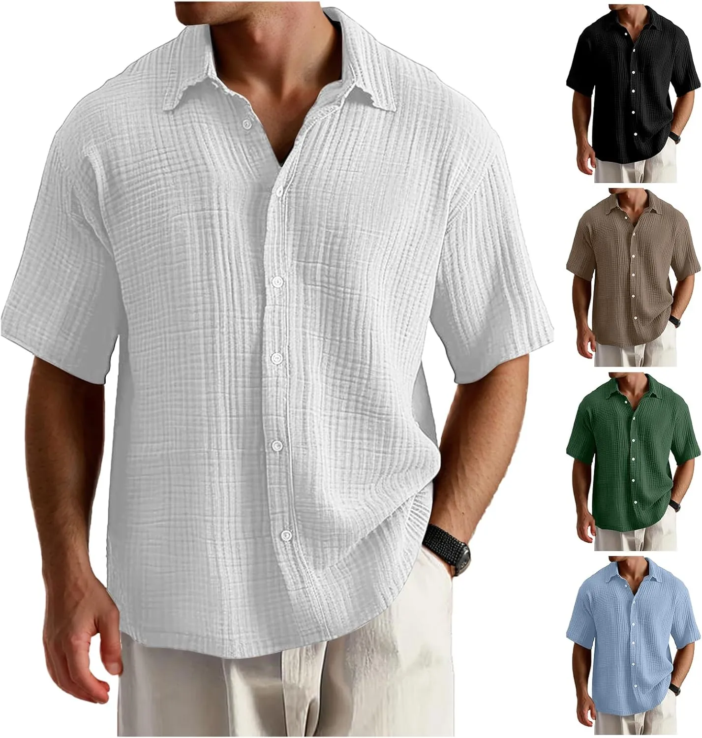 Men's Casual Button Down Shirts Loose Short Sleeve Textured Summer Beach Shirt Vacation Wedding Shirts Everyday Wear