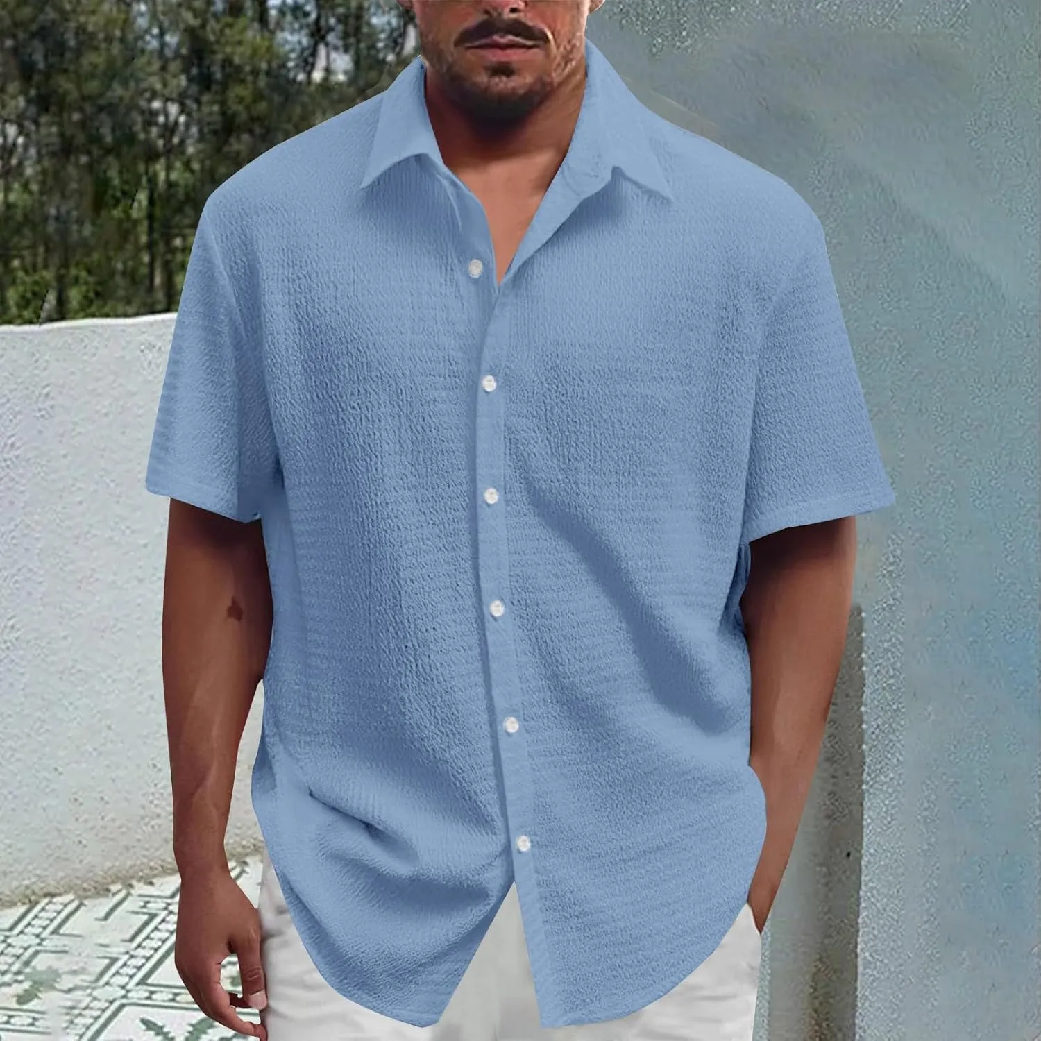 Men's Casual Button Down Shirts Short Sleeve Linen Teshirts Summer Beach Dress Shirt Lightweight Relaxed Fit Tops
